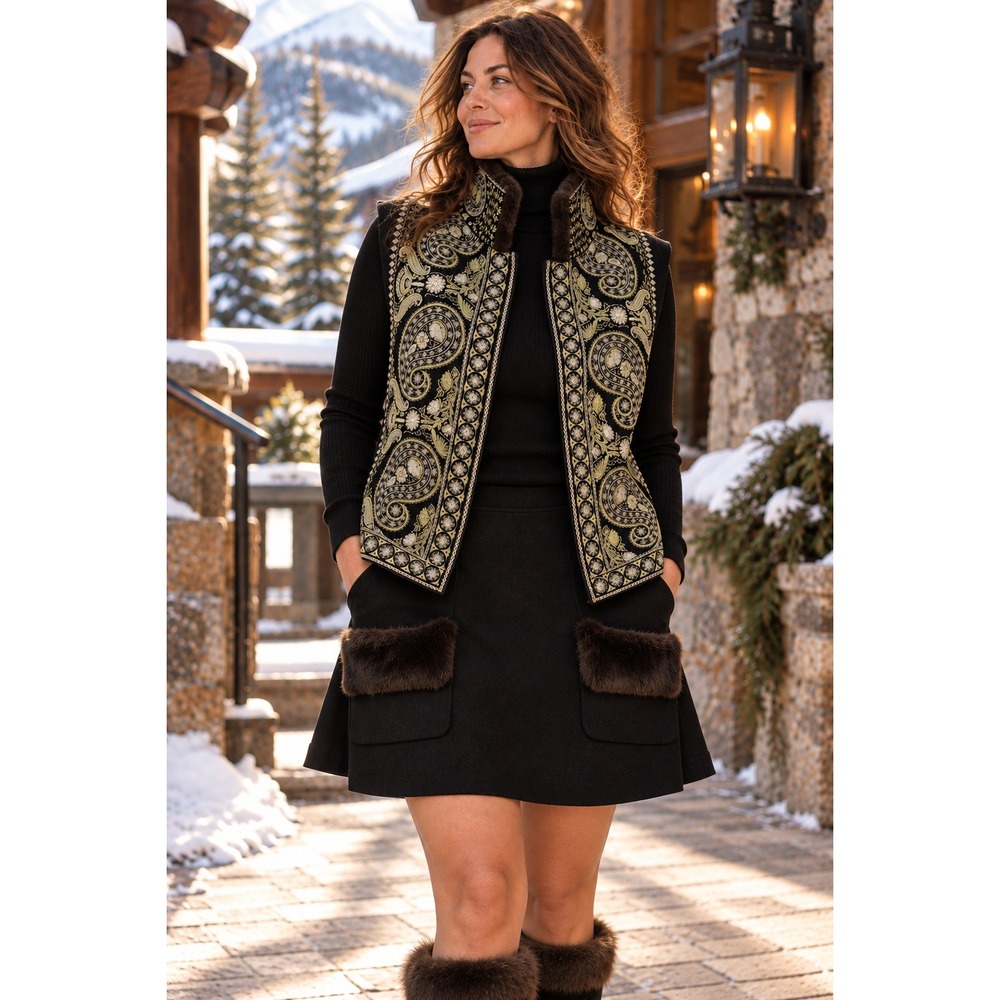 Linda Allard Ellen Tracy Wool Vest 14 Black Gold Paisley Fur Look Collar